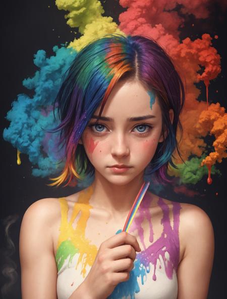 01419-670188546-1girl, in the style of (anime, norman rockwell_0.5), sad, eyes downcast, holding self, covered in rainbow paints and powder, rai.png